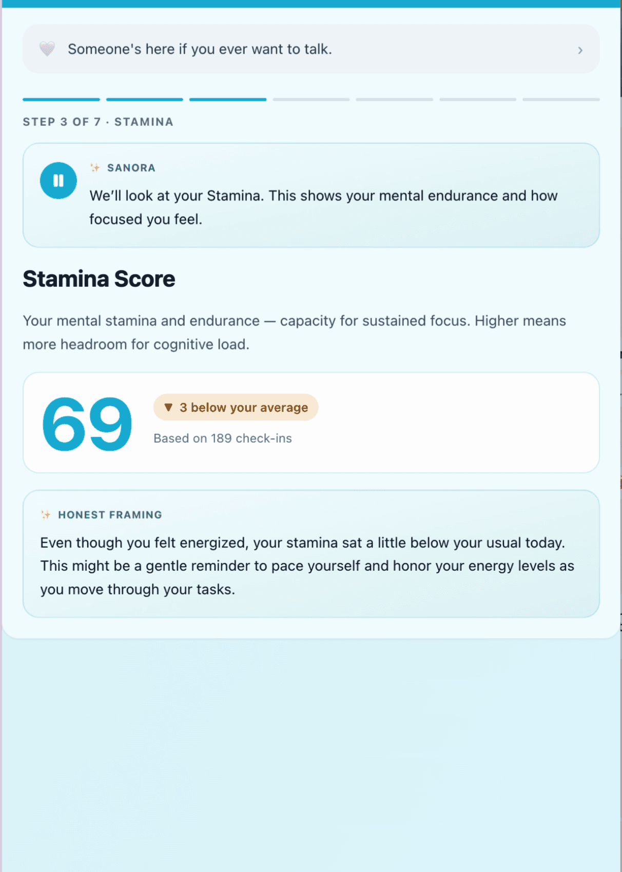 A result on a phone, sample account: Stamina Score 69, 3 below this person's average, based on 189 check-ins